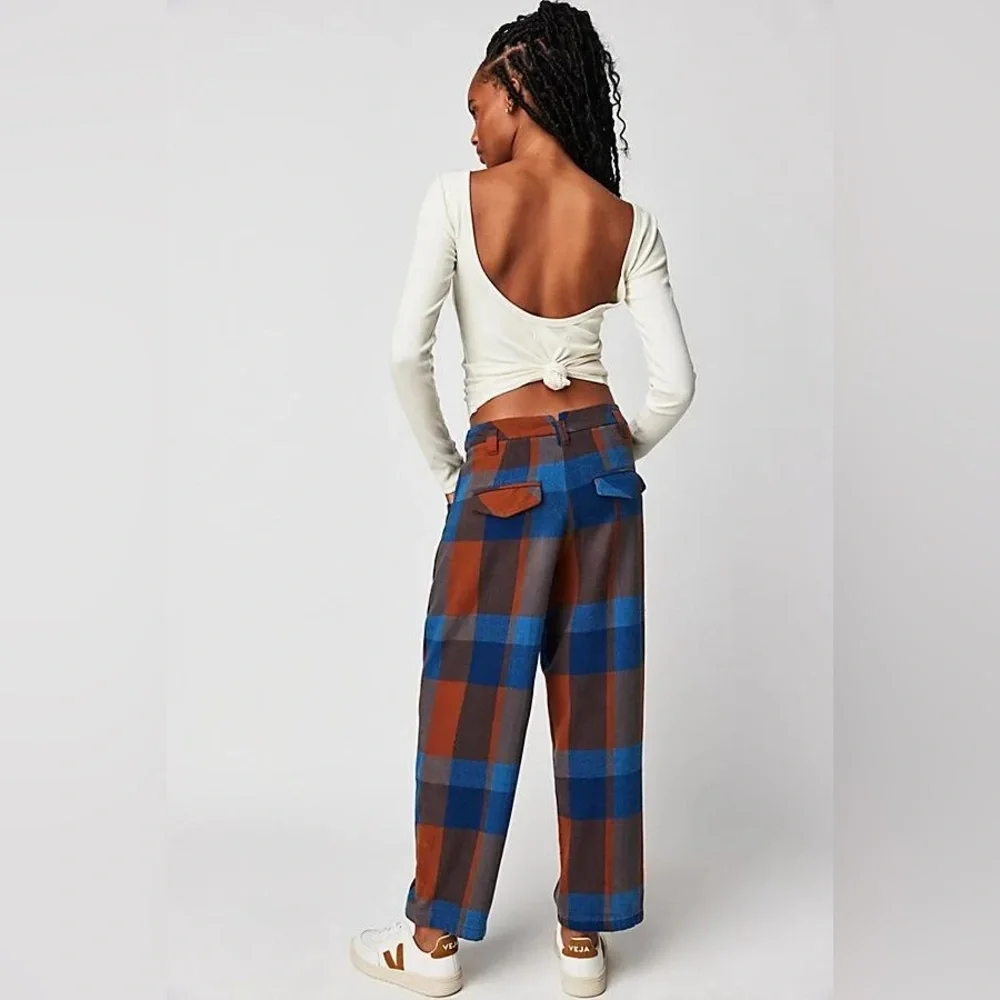 NWOT Free People Cass Plaid Slouch Indigo Combo Tapered Trousers Sz 6, 8